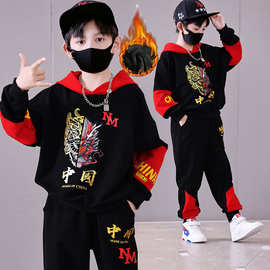 男童加绒款2024冬季新款中大童卫衣两件套帅气运动韩版冬装套装潮