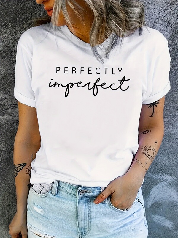 Perfect Imperfect Letter Graphic Casual Sports T-Shirt, Fashion Short Sleeve Running Workout Top, Ladies