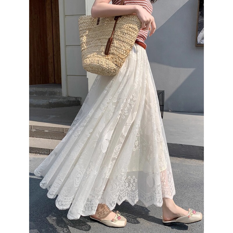 Lace Skirt Women's Mid-length A- line Skirt Elegant Dape Lace Skirt Long Skirt Large Hollow Skirt A3774