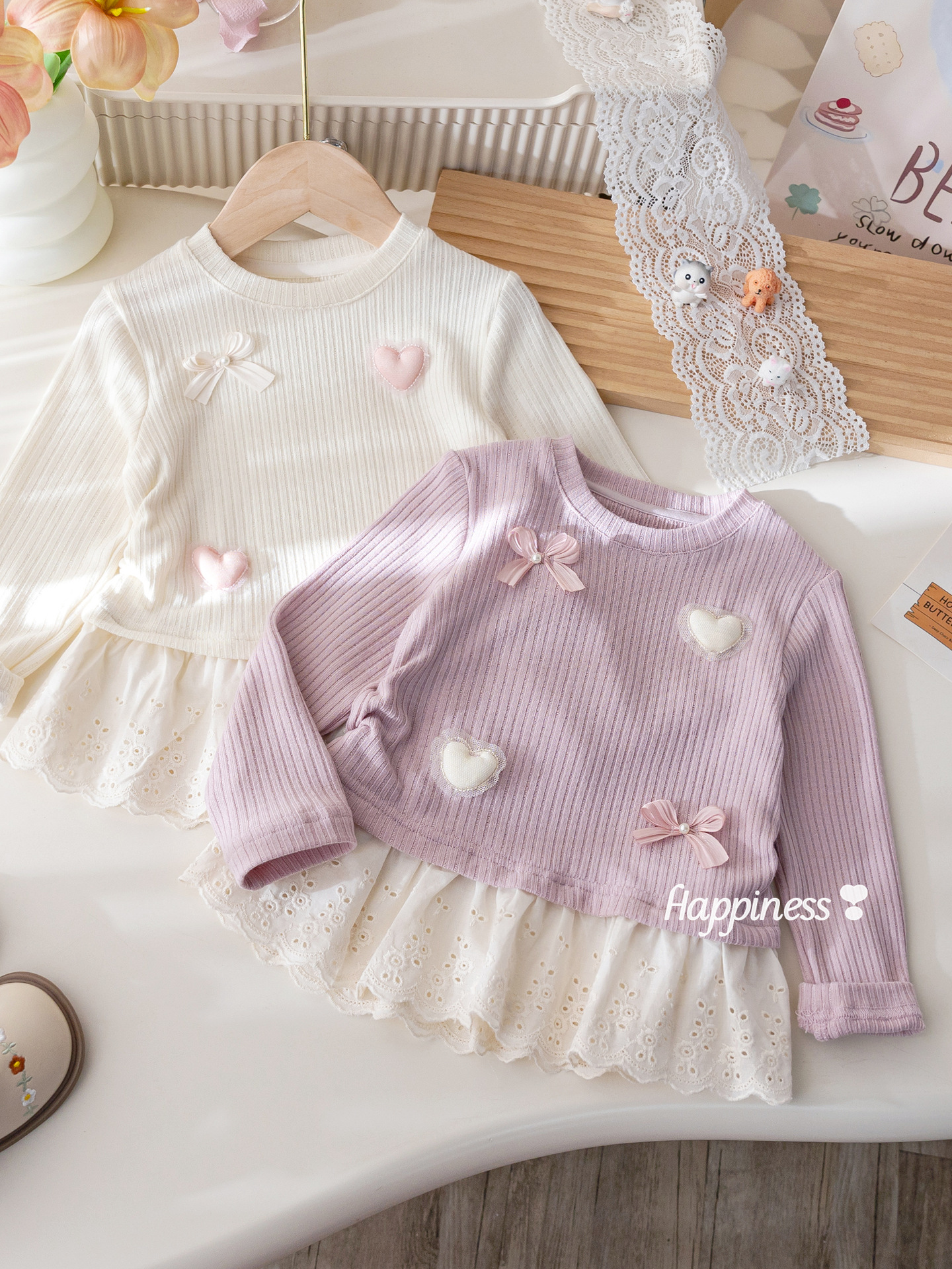 Autumn base body-friendly lace long-sleeve with bow girl's