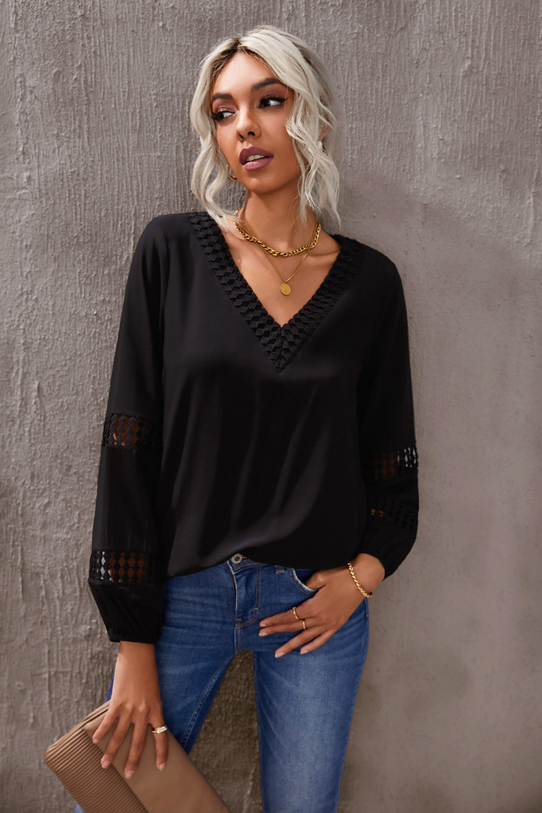 Top hueco con cuello en V suelto de manga larga de color sólido NSQSY87007