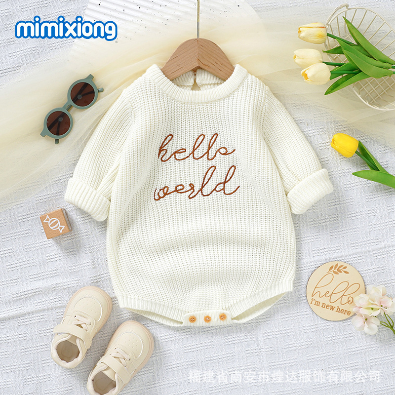 INS ホット販売秋と冬の新しい幼児ニット無地文字刺繍三角ロンパースジャンプスーツ男の子と女の子用|undefined