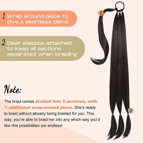 Fashionable synthetic false hair for women, long ponytail wig with hairband-style attachment, false hair with braided extensions