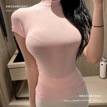 韩国东大门夏季新款显胸性感纯欲紧身微透半高领短袖t恤上衣