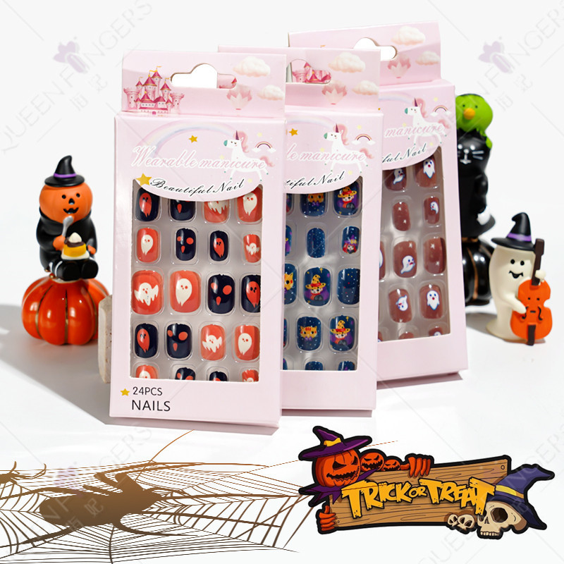 Pieza de uñas para niños Halloween 24 piezas pieza de uñas portátil Parche de uñas falso para niños manicura pieza de uñas terminada