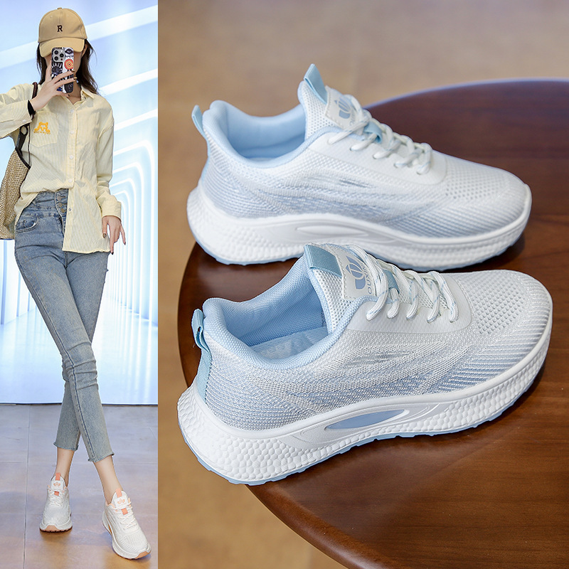 Women's Shoes Spring Fly-Knit Sports Shoes Women's Lightweight Breathable White Shoes Simple Gradient Casual Running Shoes Cross-Border Dropshipping