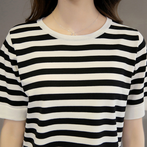 Loose and Comfortable Plus Size Women's Trendy Korean Style Crew Neck Short Sleeve Striped Split Top Color Block T-shirt Women's Plaid