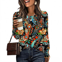 跨境欧美女装亚马逊2025秋季宽松休闲印花长袖圆领T恤上衣