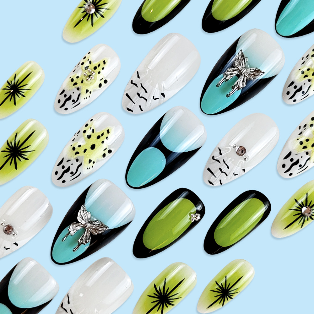 Comercio exterior goteo de diamante de diamante de uñas de uñas 3D, 24 piezas de uñas frías y brillantes, atmósfera elegante, uñas dulces y frías.