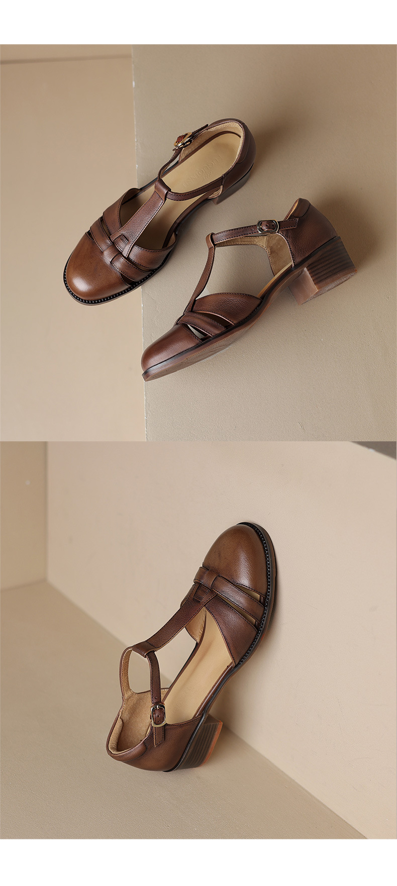 Sandal nữ quai ngang gót vuông mũi tròn bít kiểu dệt vintage — màu nâu chi tiết 12