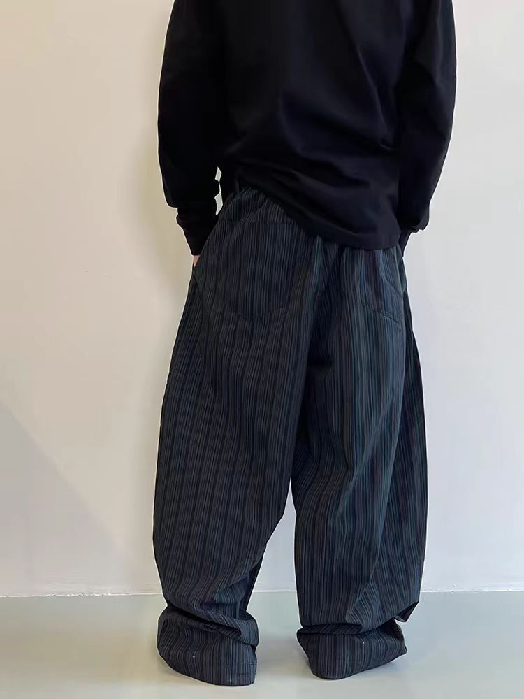 美式复古黑蓝竖条纹弯刀阔腿裤裤男宽松休闲百搭拖地长裤男女春秋