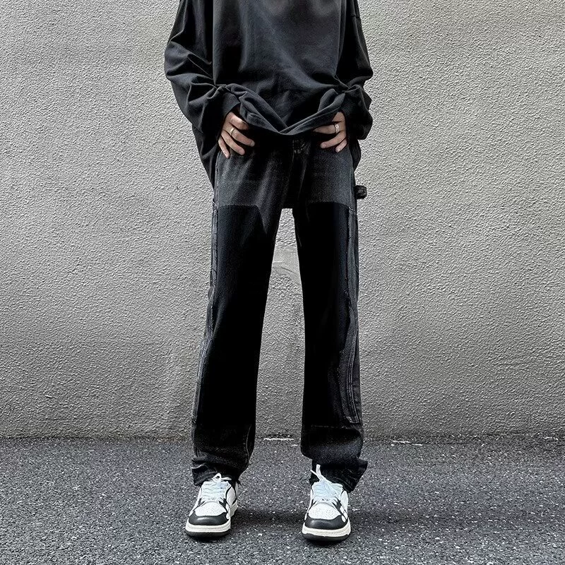 Small design trousers, black jeans, European style, trend of season, slim fit, loose straight fit