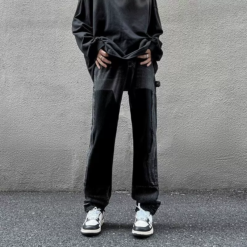 Small design trousers, black jeans, European style, trend of season, slim fit, loose straight fit