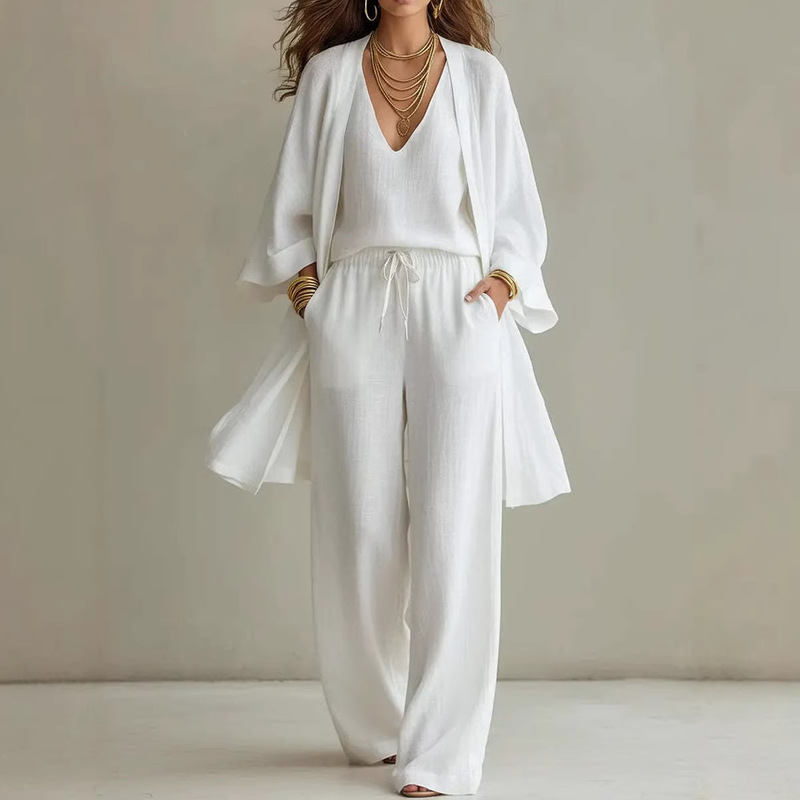 Amazon Independent Site 2026 Spring New Women's Fashion European and American Cross-Border Loose Suspender Wide-Leg Pants Cardigan Three-Piece Set