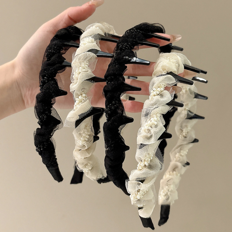 Diadema de ondas de perlas de hilo de malla de estilo de ballet para mujer 2025 nueva diadema de cabeza alta dulce fuera de todo fósforo horquilla