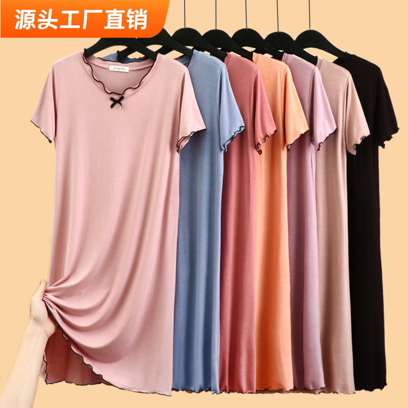 Modal Nightdress Women's Summer Large Size Loose Round Neck Short-sleeved Pullover Pajamas Mid-length Over-the-knee Dress A- line Dress
