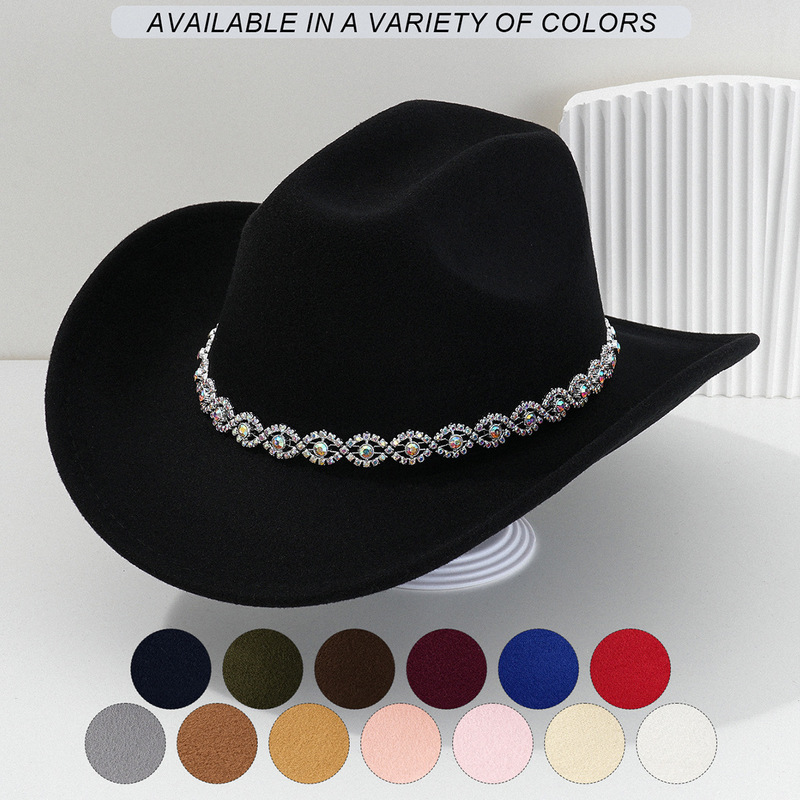 Cross-Border Popular Felt Western Cowboy Hat Round Eyes Rhinestone Gemstone Accessories Autumn Hat Women's Bridal Hat