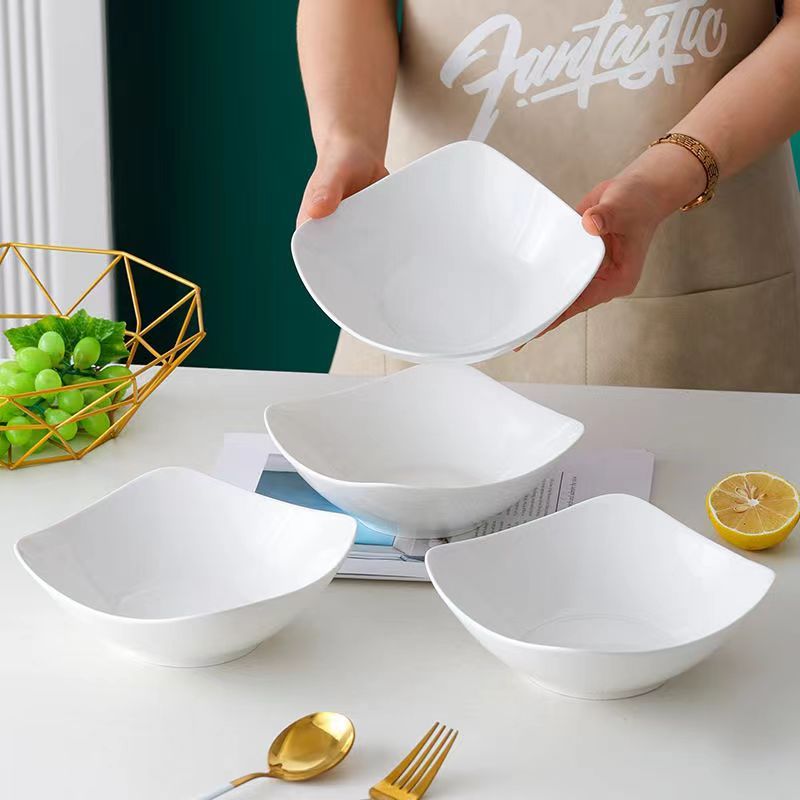 Pure White Simple Four-Corner Plate Deep Bowl Household High-Value Ceramic Dish Bowl Salad Bowl Deep Soup Plate Microwaveable