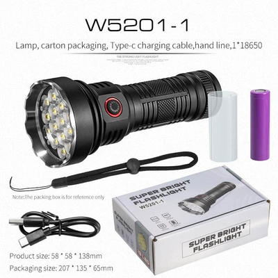 Cross-Border Flashlight with Strong Light and Super Bright with Large Battery and Long Battery Life Rechargeable Portable Outdoor Search Hiking (UV fənərlər) - w5201-1-flashlight-18650-lithium-battery-gift-box