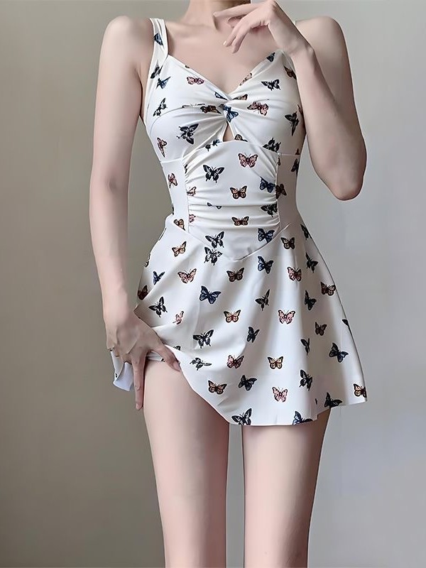 2025 nuevo trajes de baño de eslingas unidas niñas conservadoras cubren la piel delgada trajes de baño de impresión de mariposa estudiantes