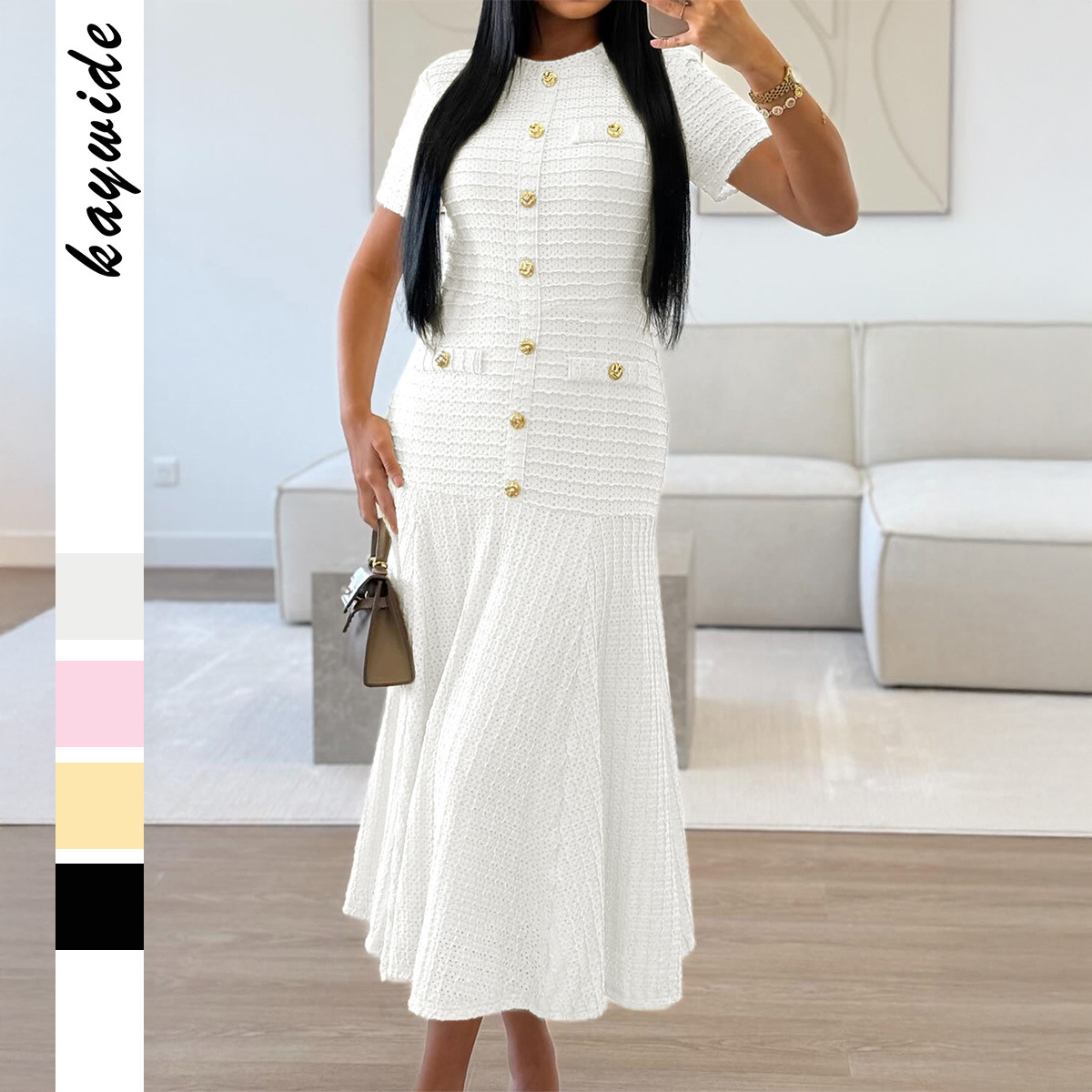 Diyun European and American Simple and Elegant Style Button Short-Sleeve Long Dress Women's Clothing 2025 Autumn and Winter Amazon Independent Site