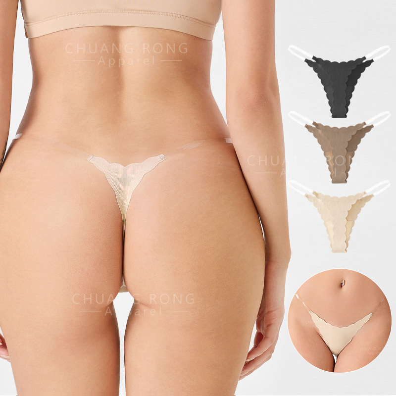 Plus-size seamless thong with thin straps, low-rise, invisible, wave-edged, ice silk, quick-dry yoga briefs for women