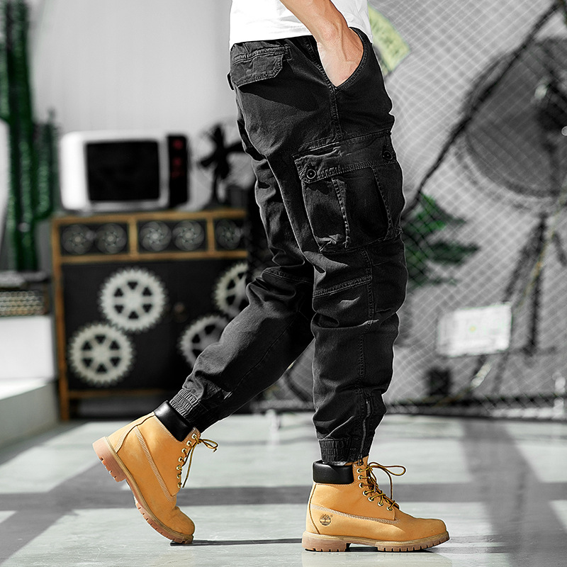 Lavado pesado multi-bolsa guardapolvos de los hombres de primavera y otoño de algodón estiramiento suelta recta marca de moda Pantalones con cremallera pantalones Casuales