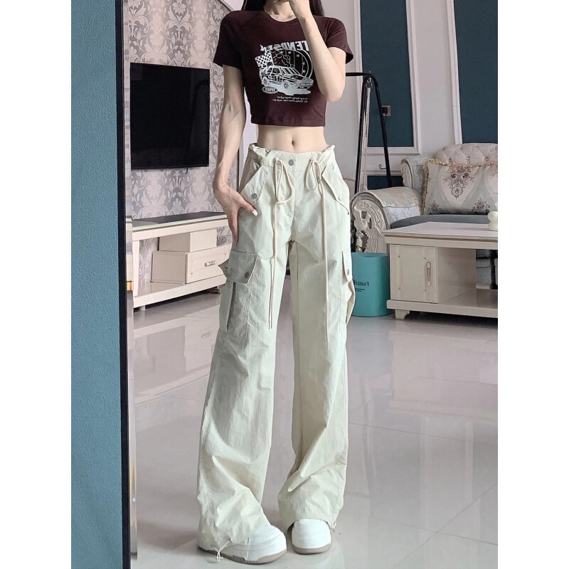 Women's Casual Crane Pants Large Pocket Solid Color Drawstring Design Women's Spring and Autumn Slimming Wide Leg Pants Straight Leg Pants