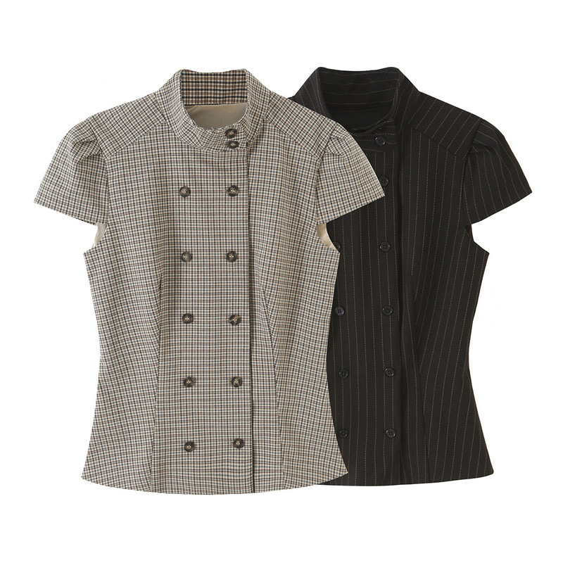 Wholesale European and American style striped stand-collar top 4764037, striped capri pants 4661452, set