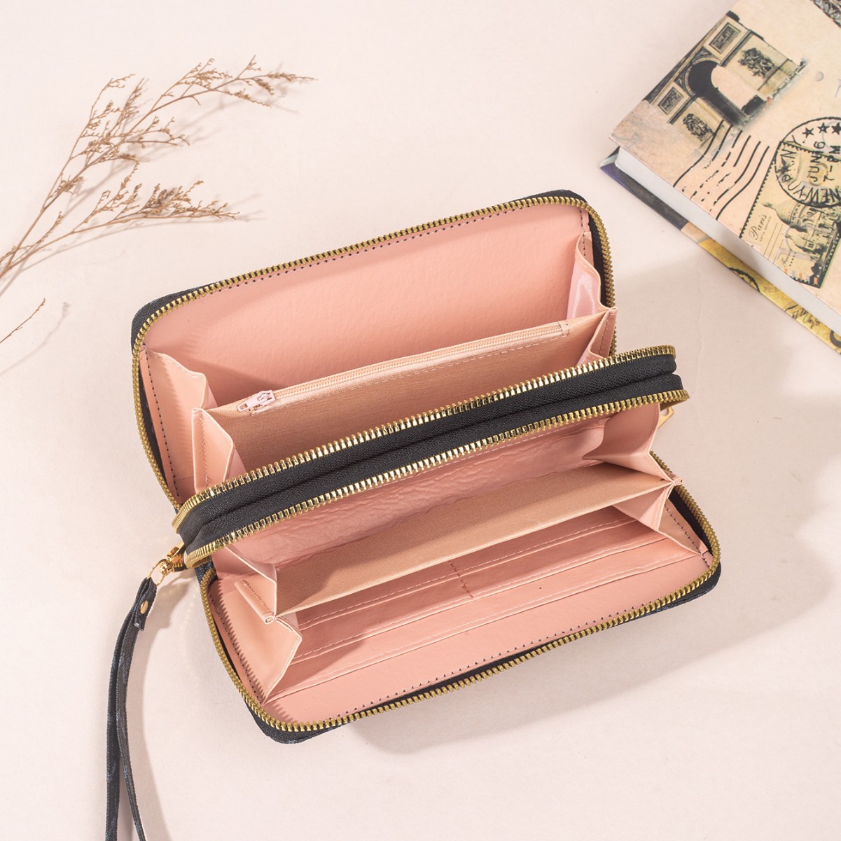 Nueva moda damas billetera larga de doble cremallera nueva impresión bolso de mano multi-tarjeta de gran capacidad compartimiento cremallera