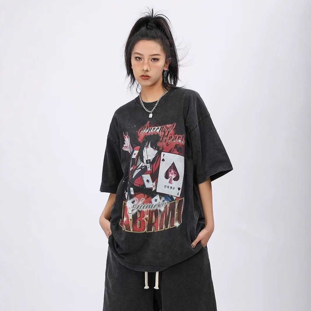 2025 primavera y verano nuevos productos de lavado de agua para hacer vieja impresión blanca masculina camiseta de manga corta suelta marca de moda retro t camiseta de base universal