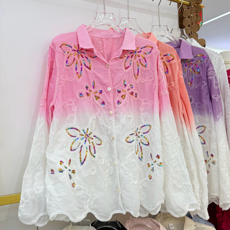 Cross-Border Trade Gradient Color Jacquard Heavy-Duty Rhinestone Shirt for Women, Long-Sleeve Turn-Down Collar Cardigan, Artistic Style Sun-Protective Top Cross-Border Trade Gradient Color Jacquard Heavy-Duty Rhinestone Shirt for Women, Long-Sleeve Turn-Down Collar Cardigan, Artistic Style Sun-Protective Top