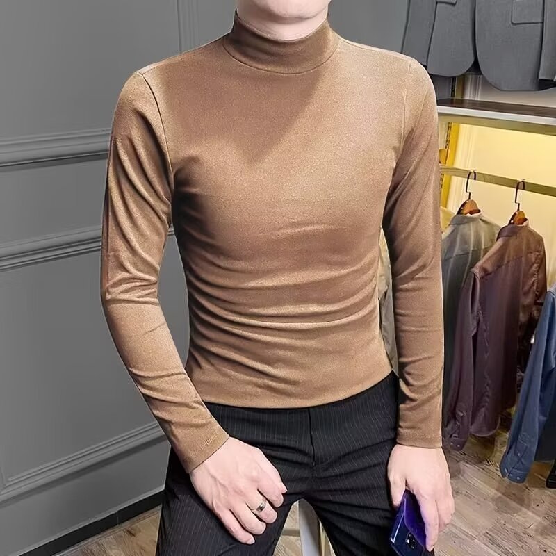 하프 하이 칼라 양털베이스 셔츠 남자 봄과 가을 2024 뉴 봄 탑 남자 미드 칼라 이너 롱 슬리브 티셔츠