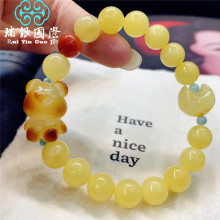 俄料琥珀蜜蜡手串鸡油黄白花蜜diy小熊屁桃手链天然蜜蜡