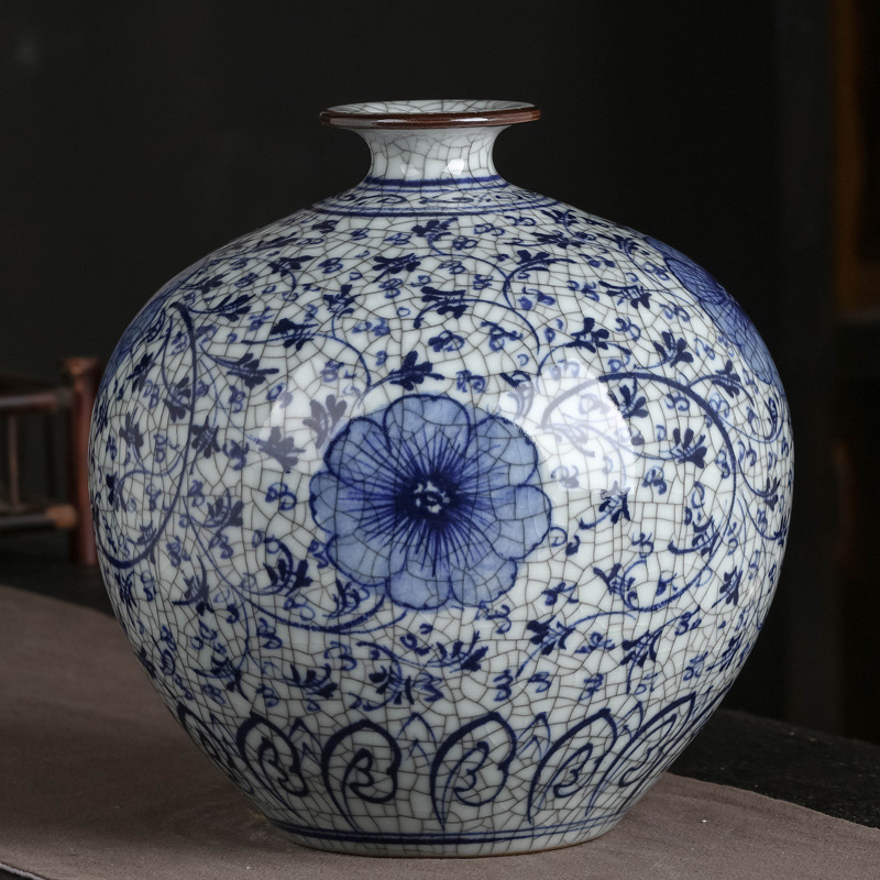 Jingdezhen Ceramics Retro Blue Ceramic Handmade Creative Vase Modern Living Room Decoration Old Pottery