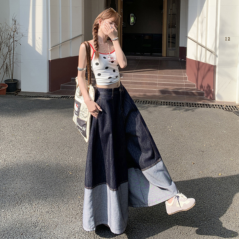Like This [Lin Yun's Style] American-Style Design-Inspired Patchwork Denim Loose-Fit Cropped Wide-Leg Skirt Pants
