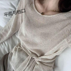 设计感绑带收腰天丝亚麻针织衫女春季感叠穿宽松显瘦镂空上衣
