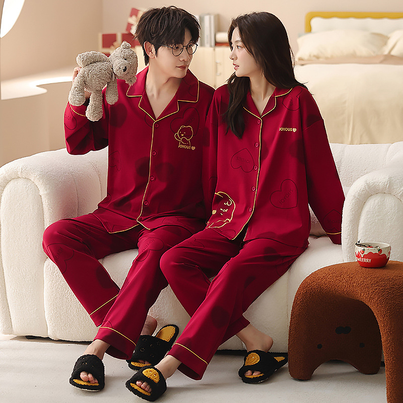 Autumn Red Pure Cotton Couple Pajamas for Women, Cute Casual Long-Sleeved Wedding Festive Cotton Cardigan Men's Home Clothes