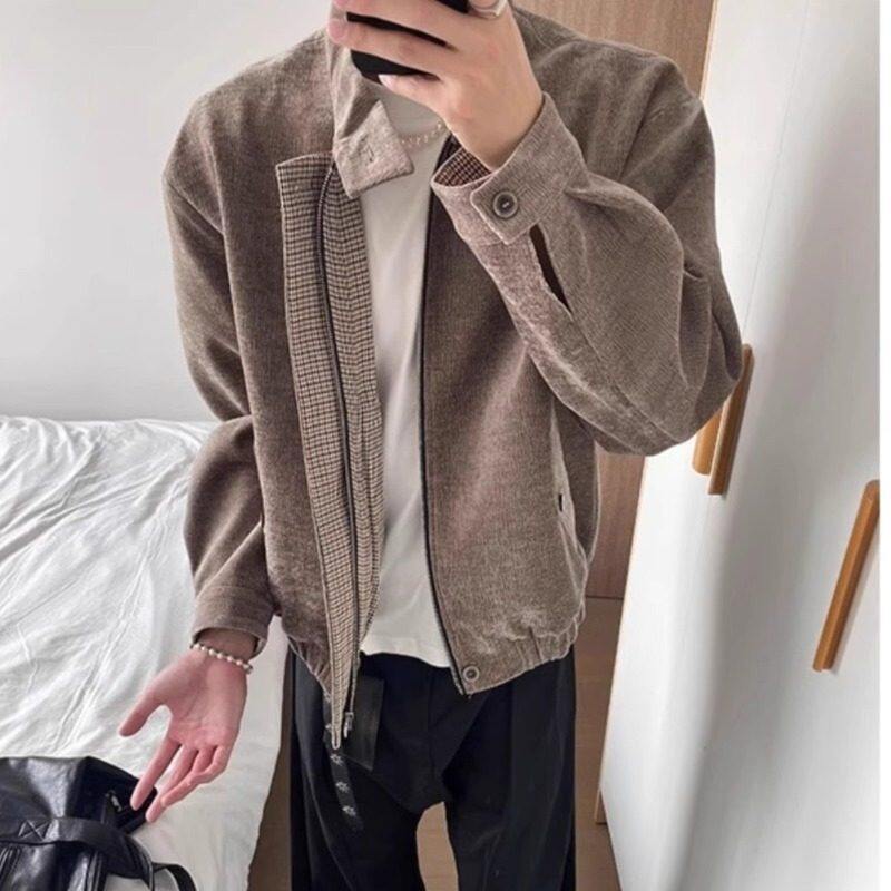 千鸟格修身外套男春秋短款韩系立领设计肌理感造型师穿搭潮夹克