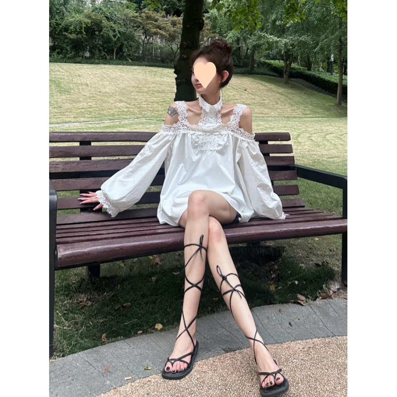 韓国風甘辛シックかぎ針編み中空スプライシングオフショルダーシャツスカート女性の秋デザインヘビーウェアアウタートップ|undefined