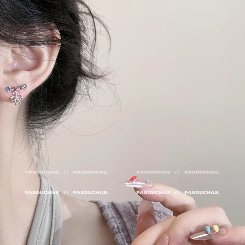 甜美彩色锆石蝴蝶结耳钉女小众独特设计感优雅个性绝美百搭耳饰|undefined