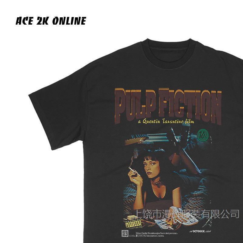 Trendy American Pulp Fiction Printed T-Shirt Millennium Y2K Style Street Hip Hop Small Collar Half Sleeve vintage