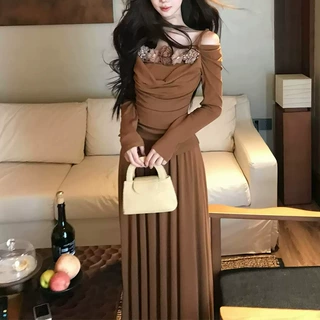 落日茶橘温柔复古风长袖吊带荡领针织收腰上衣垂感半身裙套装秋女