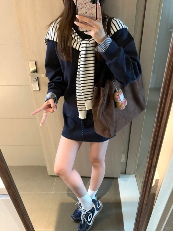 藏青色圆领卫衣短裙女20252新早秋薄款长袖上衣韩系半身裙学院风|undefined