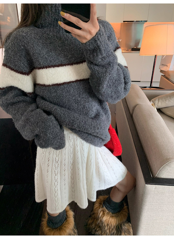 美式复古慵懒风撞色针织毛衣女2025秋冬季新款宽松显瘦针织衫上衣|undefined