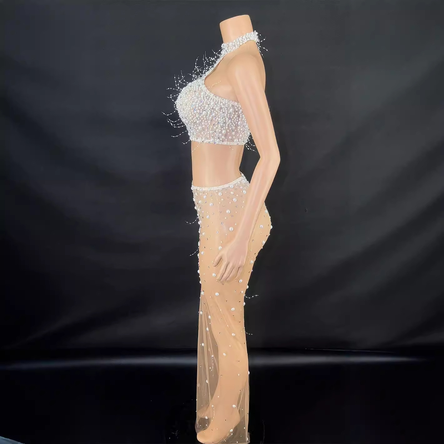Pearl Full Diamond Halter Top + Slim Skirt Suit Stage Party Beauty Evening Dress Nightclub