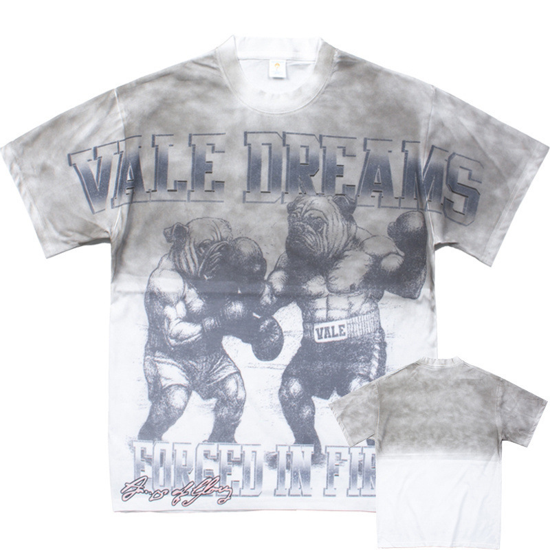 American Trendy Brand Vale Retro Dirty Dyed Old Funny Dog ​​Boxer Print T-Shirt High Street Men and Women Loose Round