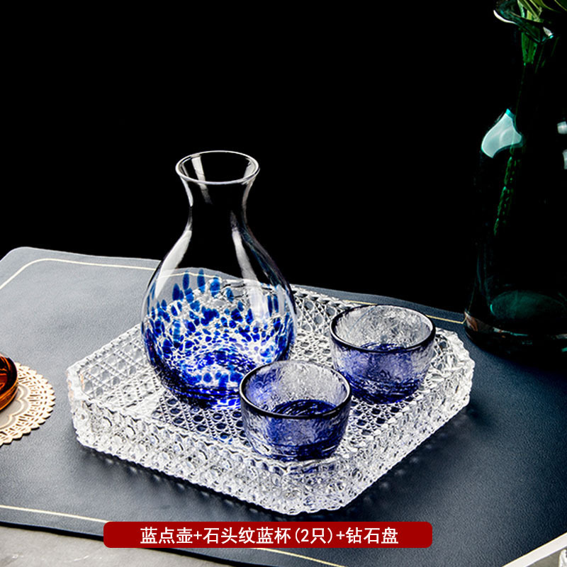 Glossy blue dot pot + blue stone pattern cup (2 pieces) + diamond plate