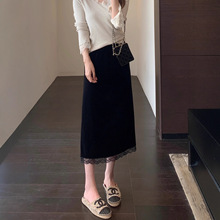 氛围感 蕾丝拼接丝绒裙高腰显瘦开叉中长款半裙女25秋冬新G101606