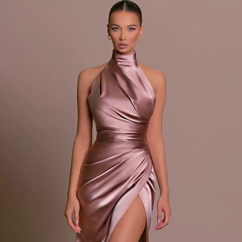 YJ23556亚马逊热销晚礼服连衣裙 气质开叉挂脖无袖派对缩褶长裙女